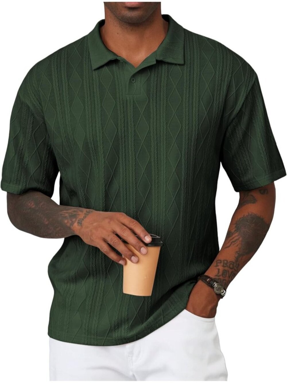 Men's Textured Polo Shirt Knit Short Sleeve Casual Golf Beach Button Summer Tee